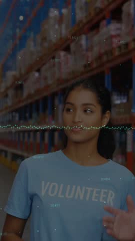 Animation of data processing over diverse male and female volunteers high fiving each other. Volunteering and donation concept