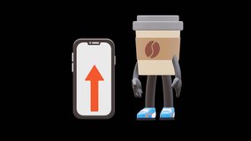 Coffee Cup Character Highlighting Swipe Up Text With A Smartphone Graphic. Ideal For Interactive Marketing Campaigns, Social Media Advertisements, And Engaging Call To Actions. - Powered by Shutterstock - Get 15% off with code: PIKWIZARD15