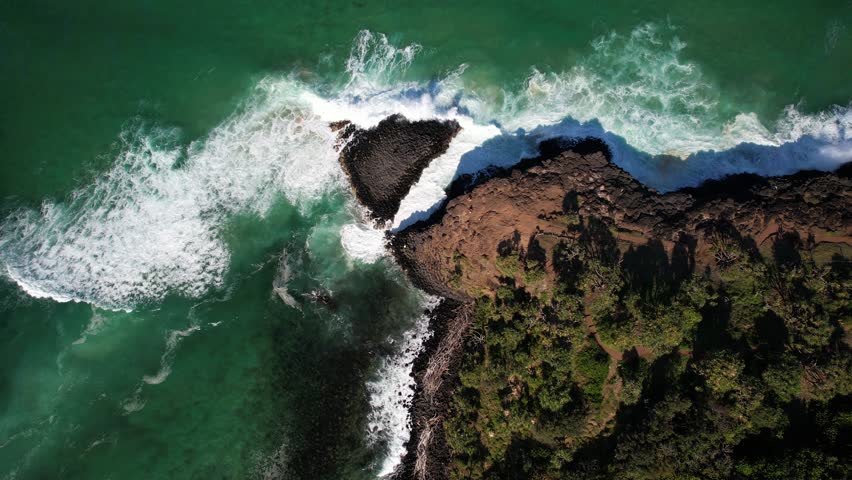 Rough Waves Breaking Over Fingal Head Causeway In Northern Rivers, New South Wales, Australia. Aerial Top-down Shot