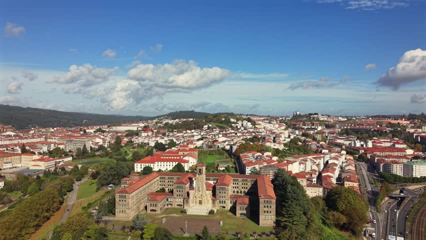 4K drone aerial view of the Minor Seminary in Santiago de Compostela in the Belvís area