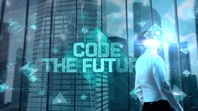 Code the Future. Businessman Working in Office among Skyscrapers. Hologram Concept - Powered by Shutterstock - Get 15% off with code: PIKWIZARD15