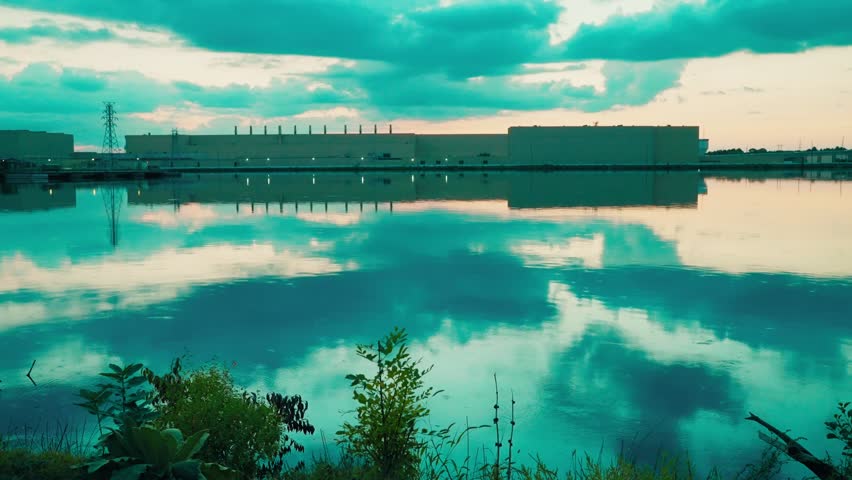 Wide view of a Wisconsin paper mill mirrored on a calm lake beneath teal evening clouds.