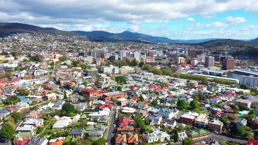 Hobart Aerial Drone view Reveals City Port and Foreshore, Tasmania, Australia