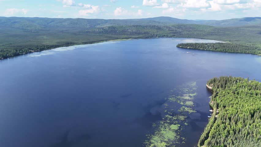 Breathtaking aerial view of a pristine lake surrounded by lush green forests and rolling hills under a clear blue sky on a beautiful sunny day in Alaska