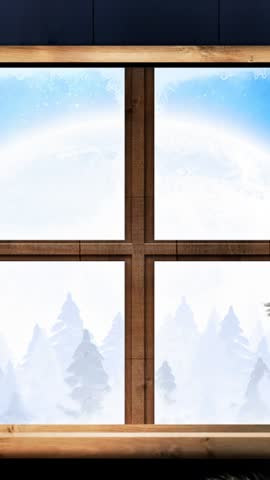Digital animation of christmas tree and wooden window frame against black silhouette of santa claus in sleigh being pulled by reindeer on winter landscape. christmas festivity celebration