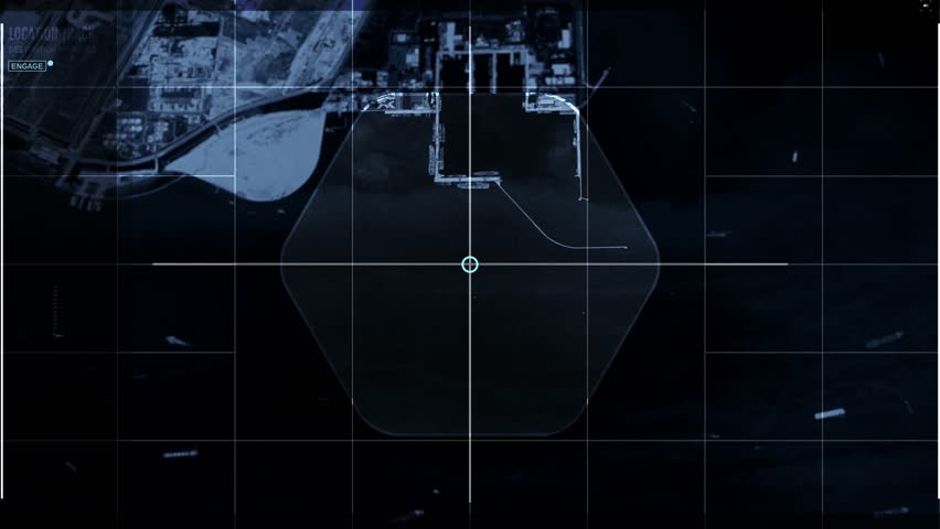 Modern Satellite Control Interface Tracking Naval Forces Base With Stationed Aircraft Carrier. Satellite Tracking Naval Combat Force Location Coordinates. High Tech Tracking Of Naval Forces Position