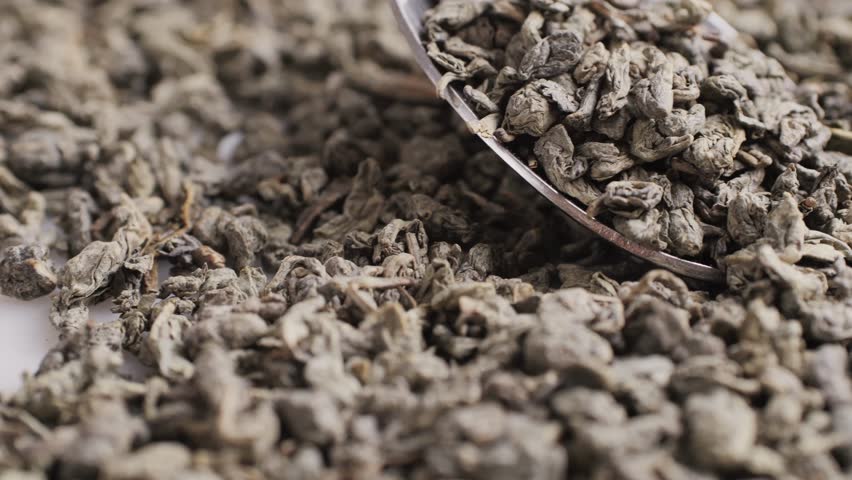 Green dried gunpowder chinese tea leaves with scoop on white wooden background, closeup.