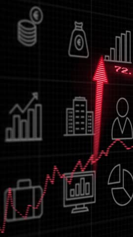 Animation of red arrows, financial icons, data processing over statistics. Global finance, business, connections, computing and data processing concept digitally generated video.