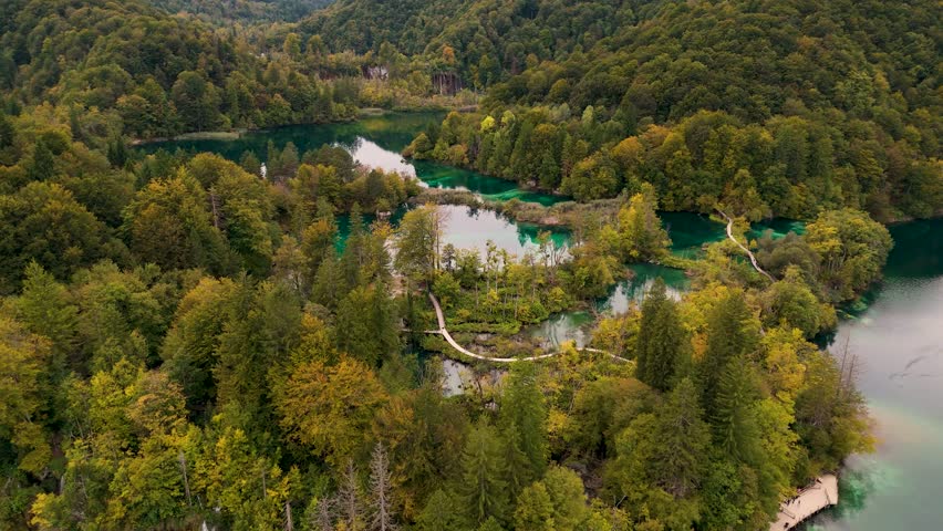 Cinematic Aerial View of Plitvice Lakes National Park, Croatia – Stunning Waterfalls, Turquoise Lakes and Wild Nature Landscape. Croatian Landmarks. 