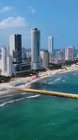 Boca Grande At Cartagena De Indias In Bolivar Colombia. Caribbean Seascape. Downtown City. Cartagena De Indias At Bolivar Colombia. Highrise Buildings Landscape. Cityscape Landmark.