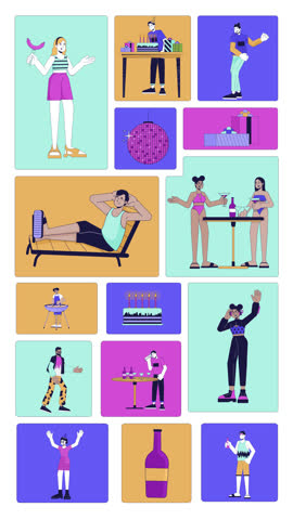 Party celebration vibes bento grid vertical animation. Diverse friends dancing, barbecuing and drinking cocktails collage motion 4K video web design. Animated cartoon characters collection mood board