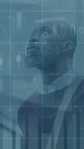 Animation of data processing and scope scanning over african amercian businessman. global business, technology and digital interface concept digitally generated video.