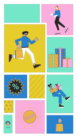 Black Friday shopping frenzy bento grid vertical animation. Discount sale. Happy diverse shoppers with gift bags collage motion 4K video web design. Animated cartoon characters collection mood board