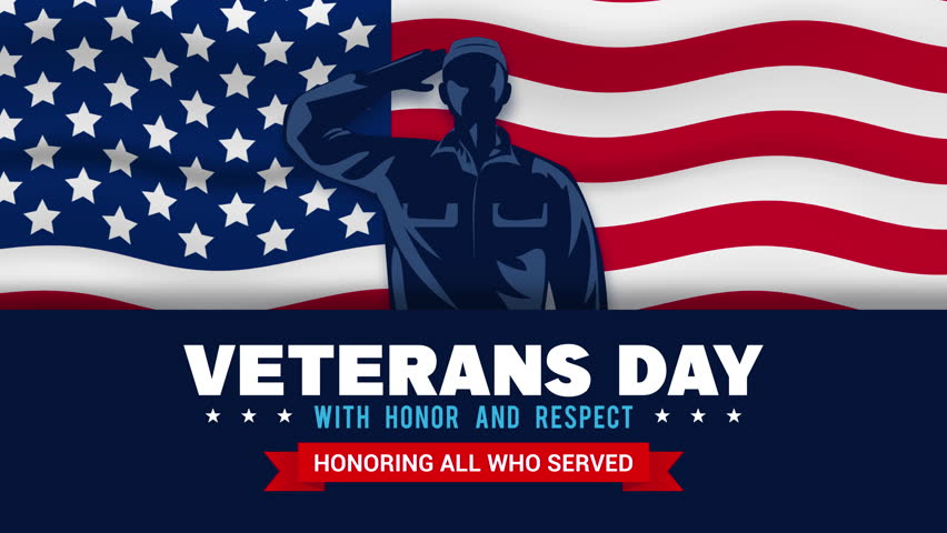 4K Veterans Day Motion Graphic Animation. Saluting Soldier on flag of USA Background