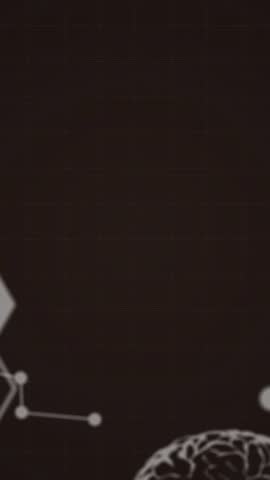 Animation of digital brain and molecules over data processing on black background. global medicine, science and data processing concept digitally generated video.