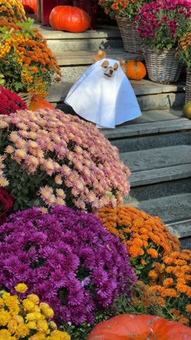 Funny dog in Halloween ghost costume with autumn chrysanthemum flowers and pumpkins, vertical video.
