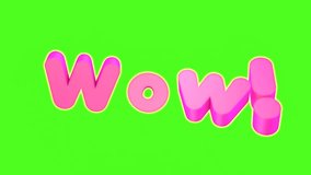 Pink 3D “Wow!” text appears playfully on green screen background, fun expressive animation with bright glossy style for reaction, meme and creative design projects, chroma key. - Powered by Shutterstock - Get 15% off with code: PIKWIZARD15