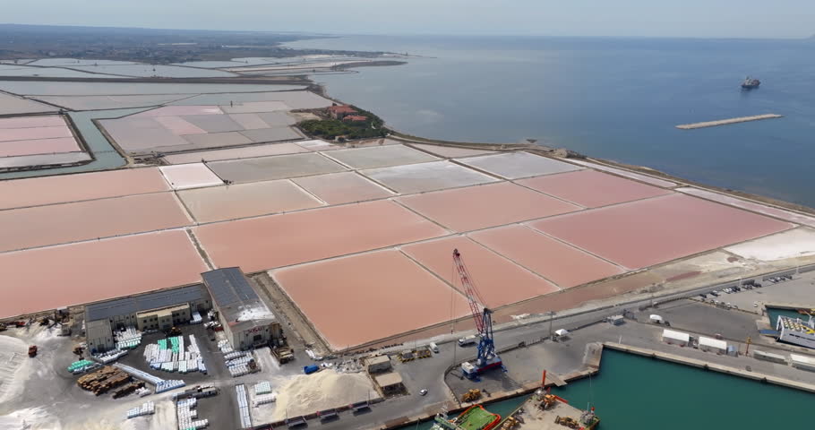 Aerial view of the Trapani salt pans, Sicily, Italy. 