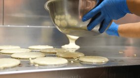 Chef pouring pancake batter into frying pan on gas stove - Powered by Shutterstock - Get 15% off with code: PIKWIZARD15