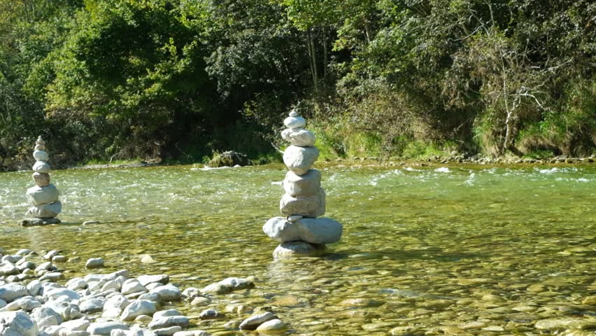 Many Cairns on the Riverside Representing Harmony and Stillness