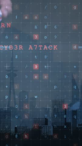 Animation of cyber attack warning and hand holding mouse over cityscape. global technology and data processing concept digitally generated video.