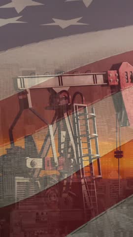 Animation of flag of america over oil derrick and cityscape. American, oil, fuel, economy, business and resources, digitally generated video.