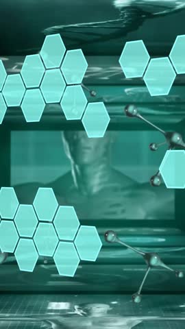 Animation of hexagons and molecules over data processing with scope scanning on black background. Global technology, science, computing and digital interface concept digitally generated video.