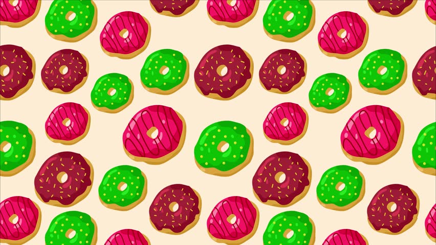 Colorful seamless pattern of donuts with pink stripes, green sprinkles, and chocolate glaze. Ideal for wallpapers, packaging, fabric prints, and sweet-themed digital design projects.