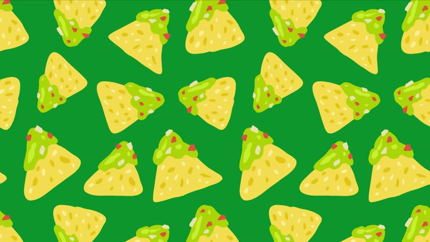 Playful seamless pattern of tortilla chips topped with guacamole and red bits on green background. Great for Mexican cuisine visuals, party decor, food packaging, and festive digital designs.