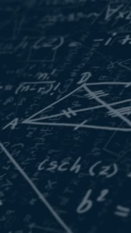 Animation of digital keyboard over mathematical equations on black background. Global science, computing and digital interface concept digitally generated video.