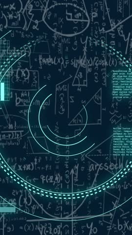 Animation of data processing over mathematical equations on black background. Global science, computing and digital interface concept digitally generated video.