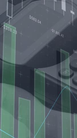 Animation of graphs and financial data over hand of caucasian man holding payment terminal. finance, economy, contactless payments and technology concept digitally generated video.