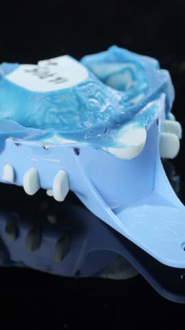 Dental impression tray holds alginate material with blue cast standing upright on reflective black. Mold captures bite lines and tooth relief while sturdy handle allows transfer for lab work vertical