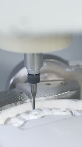 CNC router shapes dental restoration on round disc as steady axis drives tool. Cutting edge forms seats and connectors as smooth pass removes layers preparing parts for reliable implant fit vertical