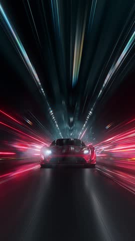 Sleek red sports car racing at high speed on neon highway. Power acceleration on a night track with colorful lights. Futuristic digital background. Concept of velocity and technology. 3d animation