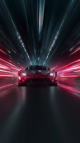 Sleek red sports car racing at high speed on neon highway. Power acceleration on a night track with colorful lights. Futuristic digital background. Concept of velocity and technology. 3d animation