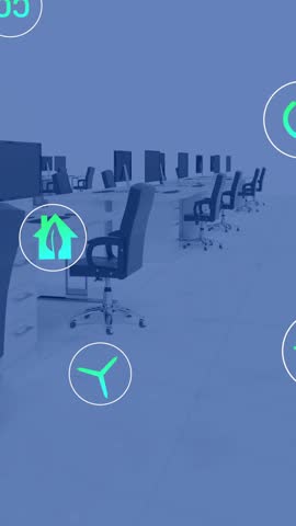Animation of sustainable icon in circles over modern workplace in office. Digital composite, multiple exposure, renewable, recycling, environmental conservation and green technology concept.