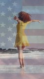 Animation of american flag and clouds over african american woman dancing on sunny beach. American independence day, 4th july, summer, vacations and celebration, digitally generated animation. - Powered by Shutterstock - Get 15% off with code: PIKWIZARD15