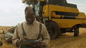 Wide angle shot of African American man as farmer using digital tablet while standing in wheat field and looking up at camera with industrial combine harvester in background, copy space - Powered by Shutterstock - Get 15% off with code: PIKWIZARD15
