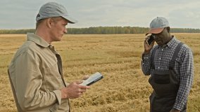 Medium shot of mature African American man as farmer speaking by phone with colleague using tablet while working in wheat field, copy space - Powered by Shutterstock - Get 15% off with code: PIKWIZARD15