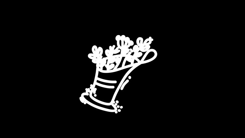 Illustration of a whimsical flower bouquet in a decorative vase doodles, seamless loop animation on a black background,