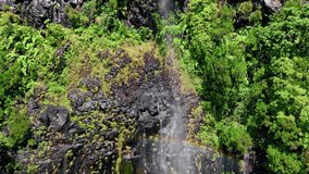 Water cascade flowing high cliffs aerial view. Panoramic waterfall hidden in tropical rainforest jungle. Dangerous cold stream rushing down at untouched nature drone shot. Picturesque terrain concept - Powered by Shutterstock - Get 15% off with code: PIKWIZARD15