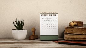 February 2026 Desk Calendar with Books and Plant. Stop Motion - Powered by Shutterstock - Get 15% off with code: PIKWIZARD15