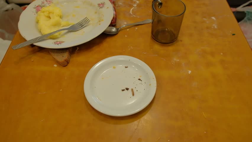 Various dishes on the table, dirty plates and forks, cleaning spoons, human hands, objects visible