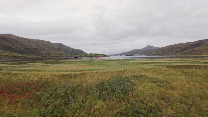 Drone flies over green meadows and mountain streams of Unalaska Island flowing into quiet bay with sunken ships. Beauty of  wild nature of Dutch Harbor, Alaska. FPV drone flight.