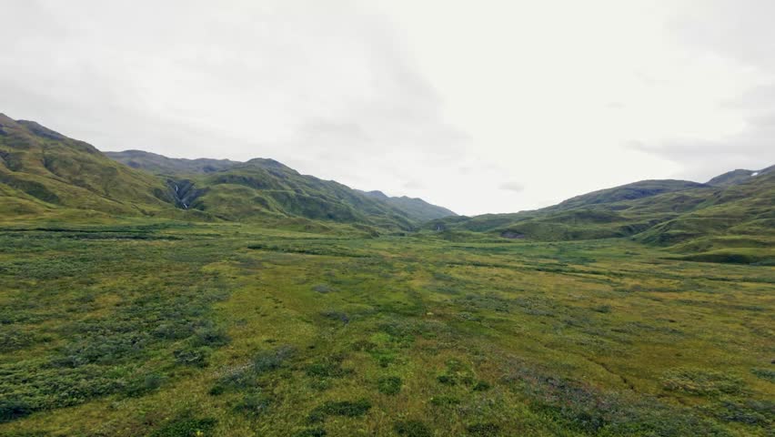 Drone Panorama Over Unalaska Island. Stunning aerial footage of Dutch Harbor, Alaska. The video captures green hills, mountain streams and wild nature of Aleutians Islands, Alaska.