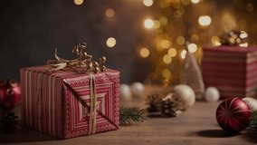 beautiful Christmas decorations with wrapped gift box and blurred lights in background - Powered by Shutterstock - Get 15% off with code: PIKWIZARD15
