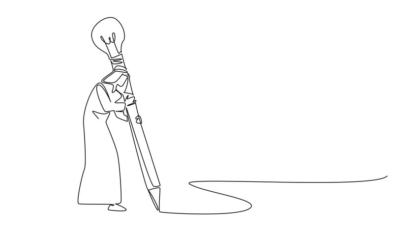 Animation of single continuous line drawing Arab man writes using big pencil with lightbulb at the end. The best ideas neatly copied through writing. National Creativity Day. Full length motion