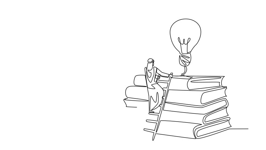 Animation of continuous one line drawing Arab man climbs stack of thick books with lightbulb floating above. Have unlimited creativity. Educate. National Creativity Day. Full length motion