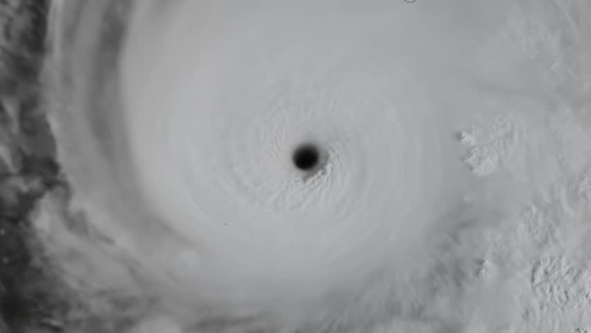 A dramatic aerial satellite view showcasing the distinct eye and swirling cloud bands of a powerful hurricane or typhoon.